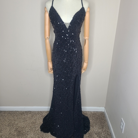 Lavetir Lace Up Backless Split Thigh‎ Sequin Prom Evening Dress Black - Picture 1 of 7